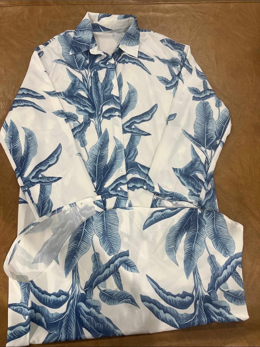 SHEIN White & Blue Tropical Leaf Swim Coverup